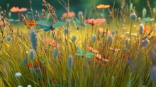 Abstract Background With Meadow And Flying Dragonflies With Blue Wings. Beautiful Wildflowers, Different Flowers And Grass Botanical Wallpaper. Horizontal Illustration For Banner Design. Generative AI