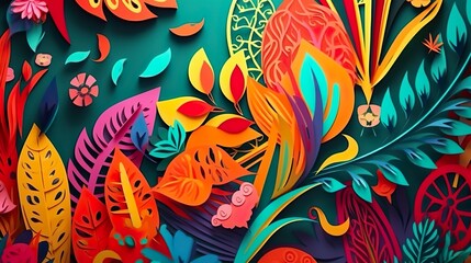 Abstract background with colorful quilling leaves and twigs with plants layers. Botanical ornament paper cut and garden foliage backdrop. Horizontal illustration for banner design. Generative AI.