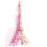 Fototapeta Boho - Watercolor drawing of Eiffel tower in Paris on white background, isolated, romantic style