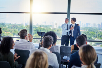 Poster - Professional, presentation and applause during a seminar at the workplace with people in the audience. Business, employees and congratulations during conference for awards in career at the office.