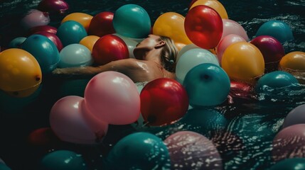 Canvas Print - A woman floating in a pool with lots of balloons. Generative AI image.