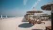 View of beach umbrellas and lounge chairs Generative AI