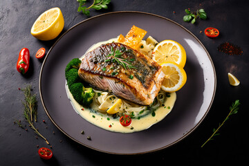 Poster - Grilled salmon steak on a stone plate. On an old background. Top view. Free copy space.