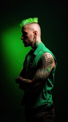 Poster - A man with a green mohawk and tattoos. Generative AI image.