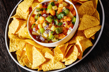 Sticker - summer fruit salsa with tortilla chips on plate