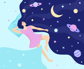 girl with night dream universe. woman universe in hair. modern flat character. woman character in dr
