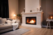 © Anna - Modern interior design of the living room with fireplace. Super photo realistic background, generative ai illustration