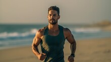 Attractive Fit Man Running On Santa Monica Beach Boardwalk Pacific Ocean In Background. Generative AI.