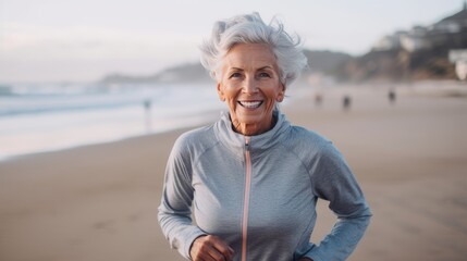 Older female doing sport to keep fit. Mature woman running along the shore of the Beach boardwalk pacific ocean in background. Generative AI.