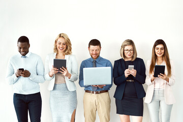 Poster - Group, wall or business people with technology connection for hiring, vacancy recruitment or job interview. Digital, women or happy men on white background waiting room for startup company onboarding
