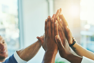 Poster - High five, hands and success with business people in office for motivation, winner and agreement. Support, goals and target with closeup of employees for teamwork, collaboration and solidarity