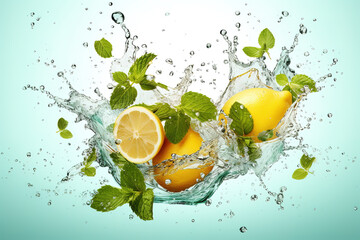 Sticker - Water splash with lemon slices, mint leaves and ice cubes.