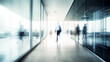 Modern company hallway interior design with business people walking. AI generated contemporary workplace with glass walls, agency or company headquarters with corporate people in blurred motion