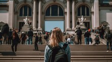 A Girl From Behind Walking Up The Steps Of The Metropolitan Museum Of Art In New York City, With The Iconic Building And A Bustling Crowd Visible In The Background Generative AI