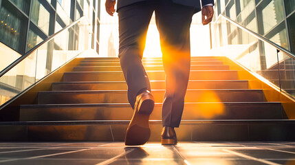 Businessman climbing stairs with sunlight ahead. Business person, professional-looking entrepreneur with legs and shoes close up. Career development and success concept. Ai generated 