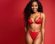 Young beautiful african american girl posing in red sensual lingerie. Generative AI