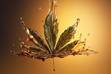  Fresh hemp  leaf  and oil splash.  Cbd therapeutic. AI generative