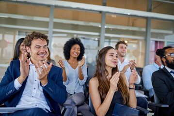 Poster - Business, applause and conference for an agreement and support at a presentation with office team. Seminar, professional and workshop congratulations with smile at a meeting with an audience at work.