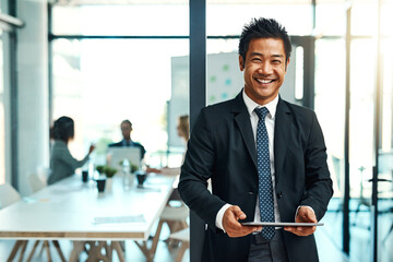 Aufkleber - Office, portrait and asian businessman with tablet or confident, leadership or corporate executive in workplace or management. Man, manager or professional worker or employee with technology