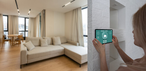 Poster - Controlling home with a digital touch screen panel installed on the wall in the living room. Concept of a smart home and mobile application for managing smart devices at home.