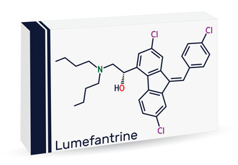 Sticker - Lumefantrine, benflumetol molecule. It is used for the treatment of malaria. Skeletal chemical formula. Paper packaging for drugs