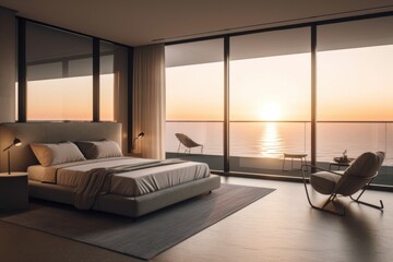 Sticker - A bedroom with a large window overlooking the ocean. Generative AI image.