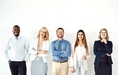 Aufkleber - Group, portrait and business people with arms crossed by white wall background mockup space in office. Face, confident smile and employees standing together with teamwork, diversity and collaboration