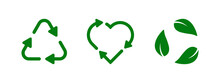 Green Recycling Signs Vector.  Arrows, Heart And Leaf Recycle Eco Green Symbol. Rounded Angles. Vector Illustration. 