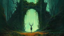 Stag Waiting In Front Of A Multidimensional Gateway, Covered In Moss, Hyperpop, Cyberpunk, Epic Perspective, Dynamic Pose, Wallpaper, Generative AI