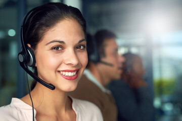 Aufkleber - Call center, woman and portrait with contact us, crm and customer service job with smile. Phone help, sale and web advice employee with happiness from telemarketing and internet work in office mockup