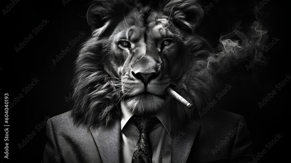 cigarette lion Man Smoking Cigar in Suit Canvas, Wall Art Home Decoration Painting Poster Print, Framed Canvas, Ready to Hang Decoration Smoky lion with a cigarette