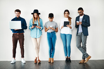Aufkleber - People, diversity and tech connection on social media, online youth or digital communication on technology. Group, gen z connectivity and talking on phone, laptop or tablet on white background
