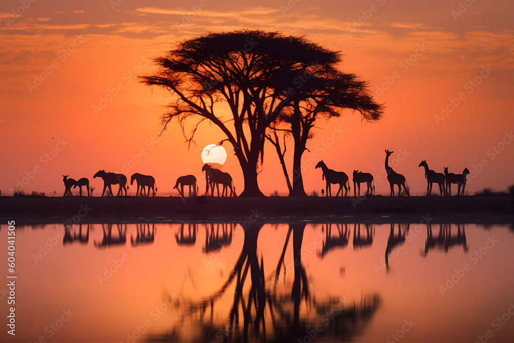 Sunset in Africa, wildlife, elephants, wild animals and birds with big ...