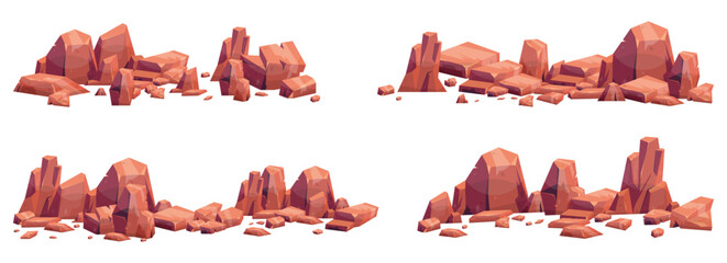 Wall Mural - Cartoon stones collection isolated on white. Pieces of mountain rock and desert stones vector illustration