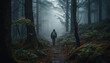 Men hiking dark forest, mystery surrounds them generated by AI