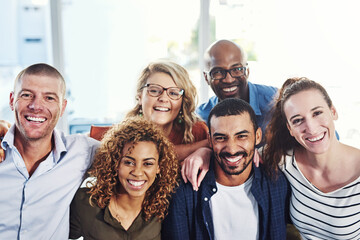 Poster - Happy people, business portrait and hug in a office with a smile from copywriter teamwork and collaboration. Diversity, happiness and writer staff together proud from motivation, trust and success