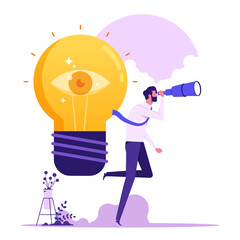 Businessman with binoculars and glowing lightbulb with open eye. Concept of inspiring creative idea, insight or breakthrough, business vision, discovery of innovative technology
