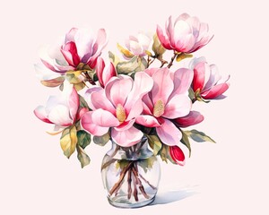 Wall Mural - Watercolor painting of pink magnolia flowers in glass vase on pink pastel color background. AI Generative.