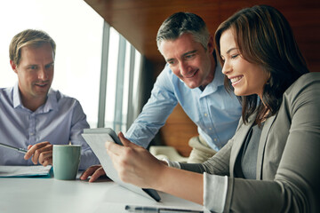 Aufkleber - Planning, tablet and business people in meeting for online results, data analytics and happy for profit or increase. professional woman, men and boss or manager on digital technology for analysis