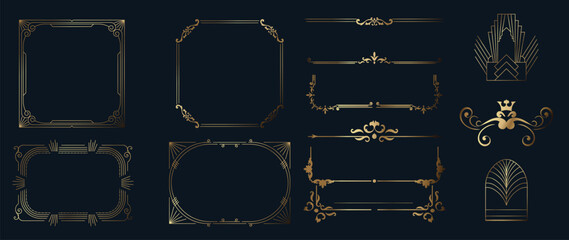 Fototapete - collection of geometric art deco ornament. luxury golden decorative elements with different lines, f