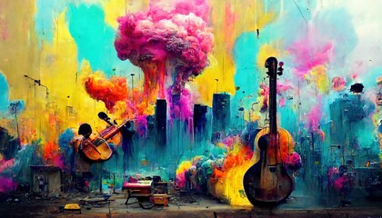 Generative AI, Street art with keys and musical instruments silhouettes. Ink colorful graffiti art with melted paint