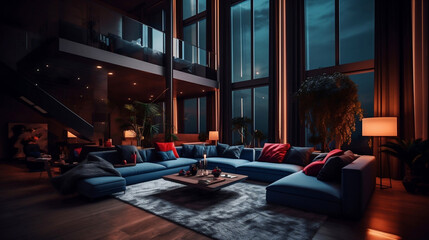 Luxury interior with panoramic windows and sunset view, modern large sofa with armchairs, carpet, stone floor and wooden ceiling. Design open living room with night lighting. Image ai generate.