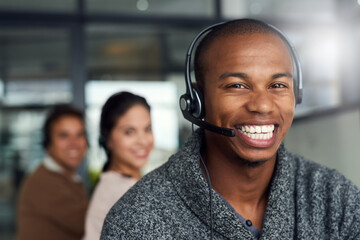 Aufkleber - Call center, portrait and male telemarketing consultant in office doing online consultation. Happy, contact us and face of man customer support agent with headset working on crm strategy in workplace