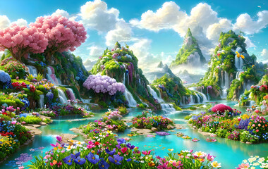 Wall Mural - Paradise garden full of flowers, beautiful idyllic background with many flowers in Eden. Generative Ai.