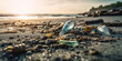Plastic trash on the sea sandy white beach, panoramic image. Generative Ai