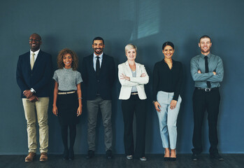 Poster - happy, smile and portrait of business people in studio for support, advisory and teamwork. diversity
