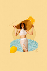 Creative drawing collage picture of beautiful attractive young female sunhat summer vacation wave ocean sea water lemon orange fresh fruits