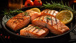 A salmon fillets on a grill plate with herbs and vegetable