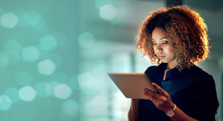 Poster - Night, office and business woman with tablet on bokeh, mockup and space for advertising. Online, search and serious African female person working late on creative, idea or proposal plan