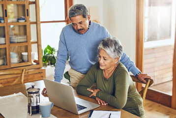 Wall Mural - Finance, budget and senior couple on laptop with bills, paperwork and documents for life insurance. Retirement, pension and elderly man and woman on computer for mortgage payment, investment and tax